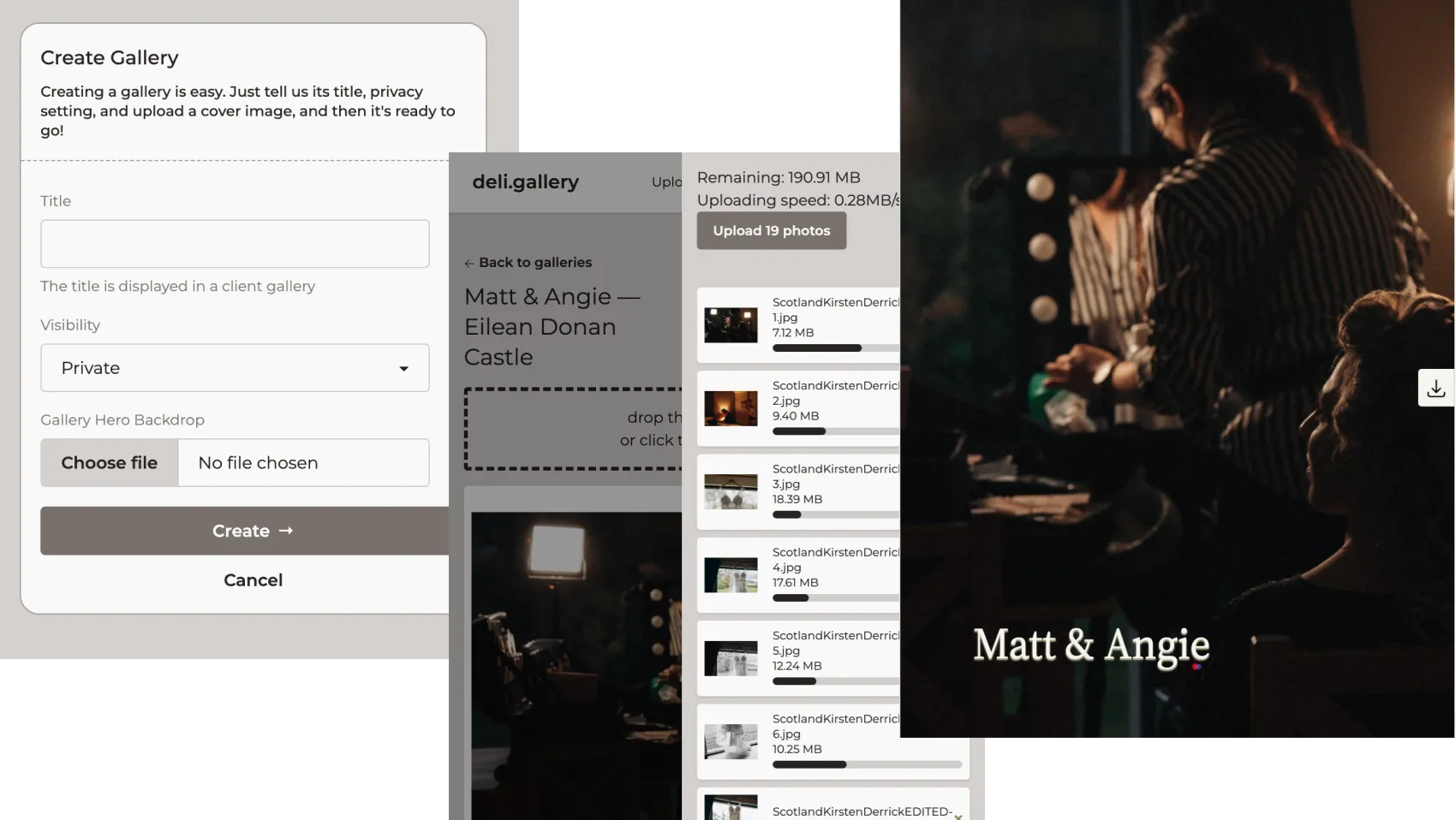 Creating a gallery, uploading photos and the finished client gallery in deli.gallery