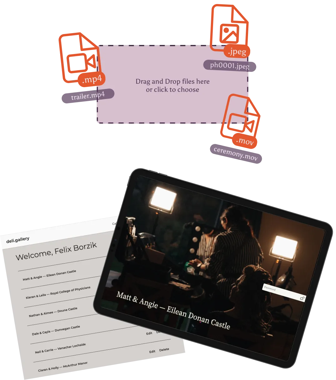 Video and photo files dropped into the deli.gallery uploader, with the gallery list and a client gallery on a tablet